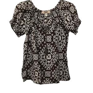 NINE WEST VINTAGE AMERICA V.A.C. SHORT SLV PULL-OVER BLOUSE, WOMENS, S-BRN/WHITE